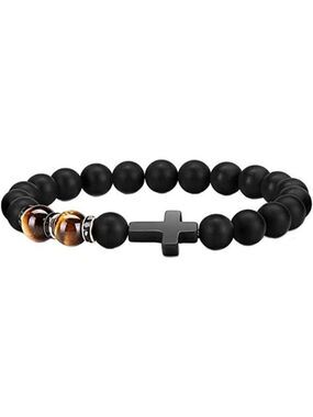 Mens Cross Bracelet Tiger Eye Beaded Catholic Rosary Adjustable Crystal Stone
